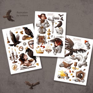 Feuille d'autocollants Kit d'autocollants Talisman chevalier et corbeau Stickers MDN Nouvelle collection Corbeau Stickers oiseaux Сrow Arts Izobova