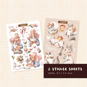 Stickervellen Schattige katten Roze stickerpakket zelfzorgstickers Botanisch Boho Sticker Bloemen Bloemen Dagboek Widget Dagelijks Zomerthema