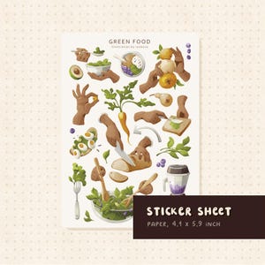 Feuille d'autocollants aliments verts Stickers végétariens pour les mains, aliments naturels et sains Sticker petits fruits Planification 2025 Fruits et légumes Salade verte