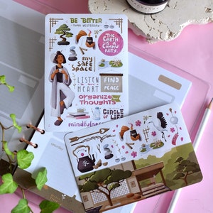 Foglio di adesivi giapponesi, il mio spazio sicuro, adesivo sulla natura giapponese, rotolo di adesivi, adesivi per l'ora del tè, adesivi per l'amore per se stessi, adesivi per quaderni, cancelleria personalizzata