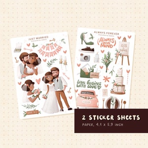 Folhas de adesivos para casamento recém-casados, adesivos para casais, diário de lixo, capa para o dia do casamento