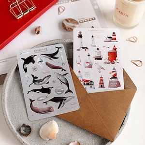 Walvis zeelicht: vuurtorenstickers walvis stickervel oceaanstickers zee illustraties zomer briefpapier Bullet Journal plakboeksticker