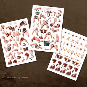Hexenhände Sticker Pack Tagesplaner Magisches Sticker Blatt Halloween Sticker Zaubertränke Stern und Mond Dekorative Elemente Mystery Skull Moth