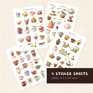 Paquet d'autocollants de tasses d'automne, feuille d'autocollants pour l'heure du thé, feuilles d'autocollants pour amateur de café, autocollant esthétique Bullet Journal