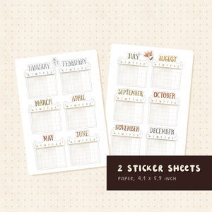 Kalenderstickers 2025 maand stickervel functioneel minimalisme plannerstickers Bullet Journal knutselvel januari-juni juli-december
