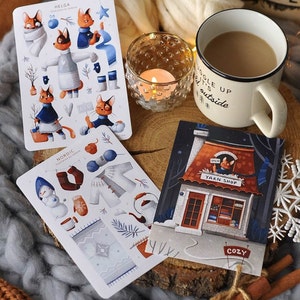 Stickers filés d'hiver Stickers chaussettes tricotées confortables Carte postale de ferme Stickers rigolos pour agenda personnalisé Cadeau de Noël Feuille d'autocollants à tricoter