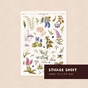 Treasures Stickers Herbst Natur Zottel Kappen Wald Bäume Geißblatt Wald Sticker Sheet Nessel Violett Duftende Heidelbeeren BuJo Stickers