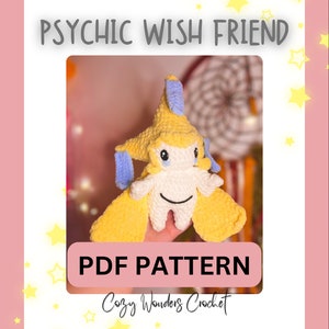 May include: A crochet pattern for a yellow and blue psychic wish friend amigurumi. The pattern is available as a PDF download. The image shows the finished crochet toy.