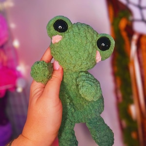 Può includere: Un giocattolo di peluche di rana verde con grandi occhi neri e guance rosa. La rana è tenuta da una mano.