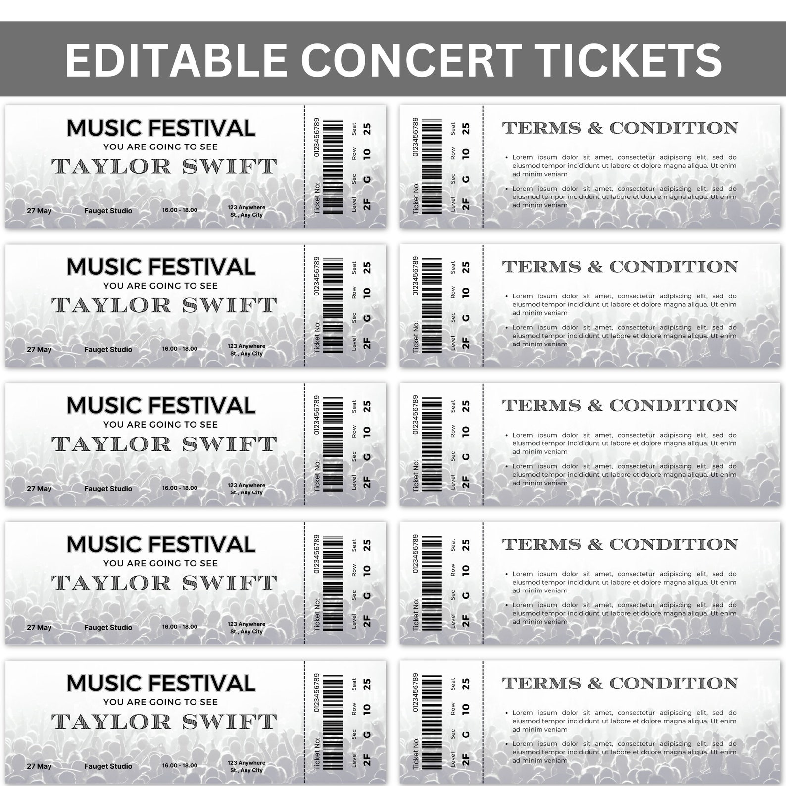 Editable Concert Ticket Template, Custom Concert Ticket Gift, DIY Event