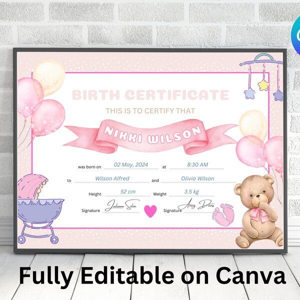 Printable Birth Certificate| Girl Birth Certificate with Editable Footprint| Custom New Born Gift |Baby Certificate |editable Canva Template