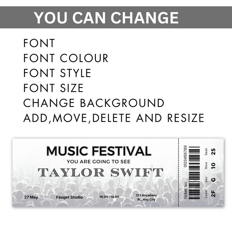 Editable Concert Ticket Template, Custom Concert Ticket Gift, DIY Event ...
