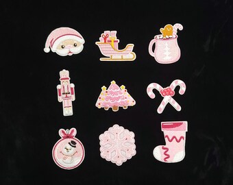 Pastel Pink Christmas Patch Set – 9-Piece Holiday Iron-On/Sew-On Bundle | Kawaii Winter Patches | Cute Christmas Decor Appliqués