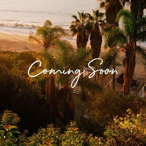 May include: A scenic beach landscape with palm trees and the text "Coming Soon" in a cursive font. The image features a sandy beach, ocean waves, and a warm, golden-hour glow.