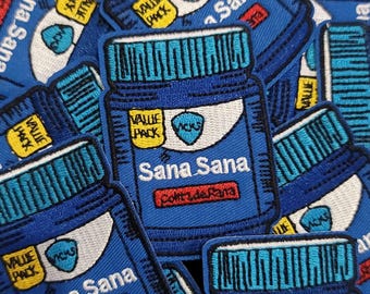Sana Sana Patch – Funny Latinx Iron-On/Sew-On | Vapor Rub Jar Embroidered | Childhood Healing Vibes
