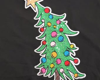 Large Sequin Christmas Tree Patch – Glittery Holiday Iron-On / Sew-On Patch with Star & Ornaments (10x4 in) – Festive Sparkle Appliqué