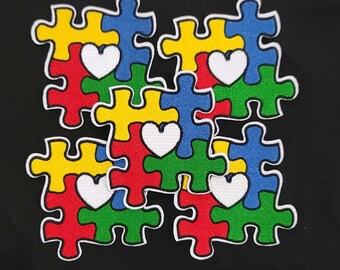 Autism Awareness Puzzle Piece Heart Patch – Red, Yellow, Blue, Green Jigsaw Embroidered Iron-On / Sew-On Patch (3x3 in)