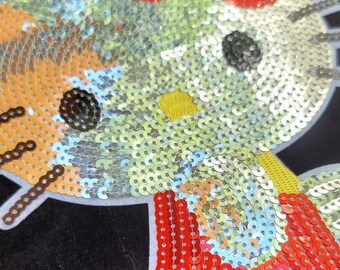 Large Sequin Kitty Iron On Patch | Red Bow Sparkly Applique | DIY Jacket Patch | Backpack Decoration | Fashion Sewing Patch
