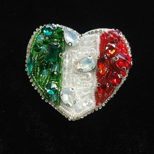 Heart Rhinestone Patch – Italy or Mexico Flag Colors – Green White Red Crystal Sew-On Bling