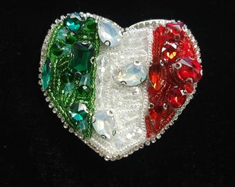 Heart Rhinestone Patch – Italy or Mexico Flag Colors – Green White Red Crystal Sew-On Bling
