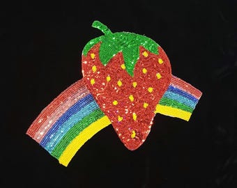 Strawberry Rainbow Sequin Patch – Iron-On or Sew-On Embellishment | Vibrant Pride Patch | Fruity Fun Appliqué for Jackets, Bags & More