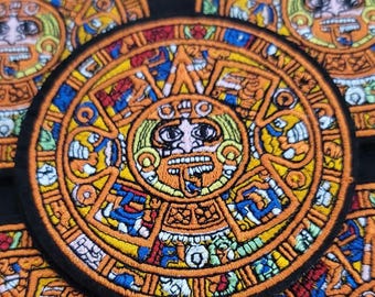 Aztec Calendar Patch – Mayan Sun Stone Embroidered Iron-On / Sew-On Patch (3.25 Inch) – Cultural Art Symbol Patch for Jackets, Bags & Hats