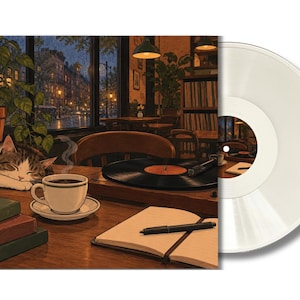 May include: A white vinyl record displayed next to its square album cover. The cover art depicts a cozy indoor scene with a sleeping cat, a steaming cup of coffee, a stack of books, an open notebook with a pen, and a record player by a window.