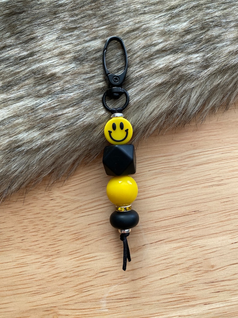 Smiley Face Keychain Black & Yellow Retro Keyring Gifts for Her Gifts