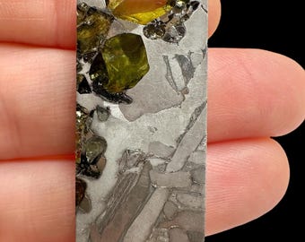 May include: A rectangular polished meteorite specimen. The stone features a silver-gray matrix with embedded olive-green and golden-yellow crystals. The surface has a textured appearance, showcasing the natural patterns of the extraterrestrial material.