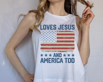 Débardeur Loves Jesus and America Too, t-shirt pour femmes spirituelles T-shirt imprimé religions Cadeaux pour amis religieux Aimez comme Jésus J'aime Jésus