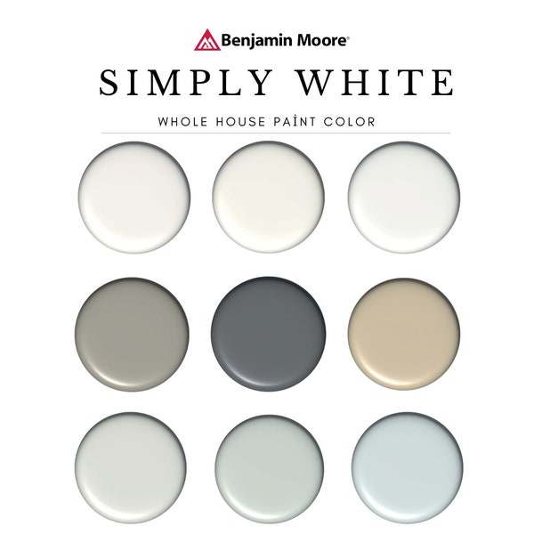 Benjamin Moore Simply White, White Cabinets, White Exterior painting, White Kitchen painting, Simply White Color Palette,