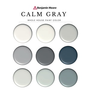 Benjamin Moore Calm Gray, Gray Cabinets, White Exterior painting, Gray Kitchen painting, Calm Gray Color Palette, sherwin-williams Wall Art