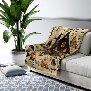 Retro Halloween Delight: Vintage Cartoon Haunted House Cozy Fleece Blanket