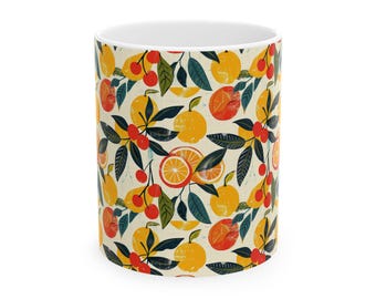 Citrus Fruit Pattern Mug | Orange Lemon Cherry Ceramic Mug