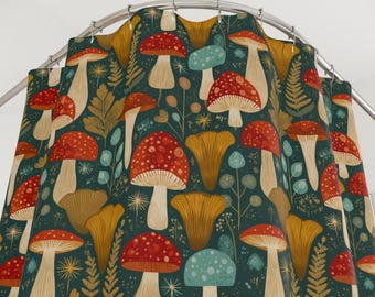 Cottagecore Shower Curtains, Whimsigoth Mushrooms & Ferns, 1960s Scandinavian Folk Pattern for Vintage Bathroom Decor, Red, Green, Gold