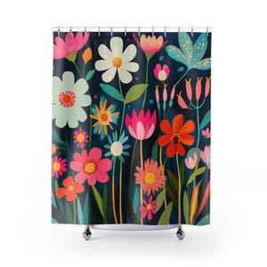 Cortina de ducha, diseño de dibujos animados de estilo de mediados de siglo, inspirada en Alicia en el país de las maravillas de Mary Blair, decoración de baño retro, ambiente primaveral kitsch