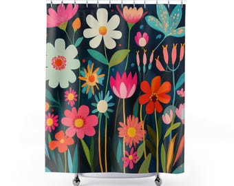 Floral Shower Curtain, Mid-Century Modern Cartoon Design, Retro Bathroom Decor