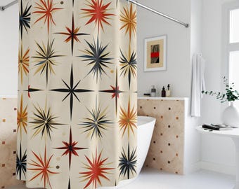 Mid-Century Starburst Shower Curtain, Retro Atomic Geometric Bath Decor