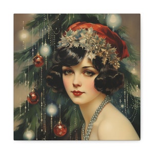 Old Hollywood Christmas Canvas Wrap - Traditional Holiday Art - Vintage Santa Hat Decor
