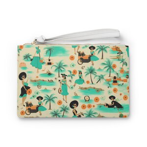 Aqua Retro Clutch Tasche: Mid-Century Old Hollywood Tropisches Reise- & Strand-Accessoire, Kleine Vegan-Ledertasche mit Schleifengriff für Frauen