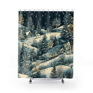 May include: A shower curtain featuring a winter landscape scene. The design includes snow-covered hills, evergreen trees, small houses, and deer. The color palette is primarily blue, white, and gold, creating a serene and festive atmosphere.