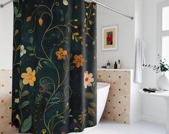 Golden Floral Vine Shower Curtain | Dark Botanical Bathroom Décor