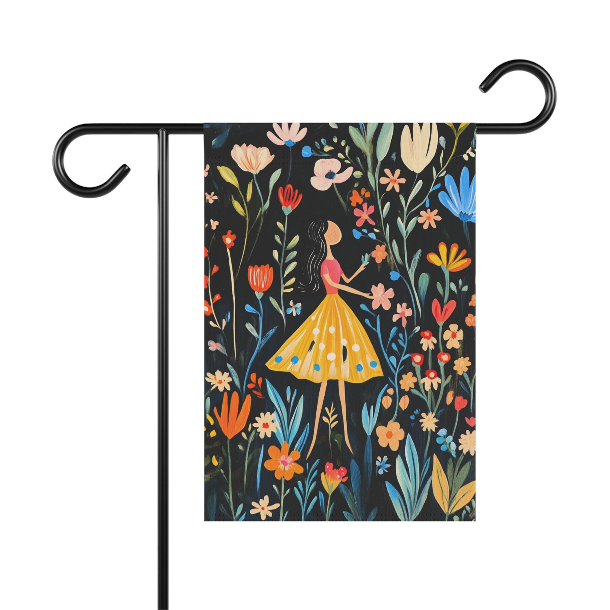 Banner, Mid-Century Garden & House Decor, Mary Blair Inspired, Spring Flag, Kitschy Retro Wall Art, Whimsical Yard Sign, Playful Cottagecore