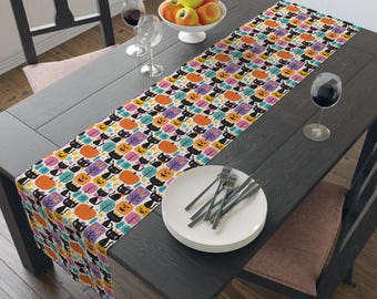 Atomic Cat & Pumpkin Halloween Table Runner, Festive Autumn Decor