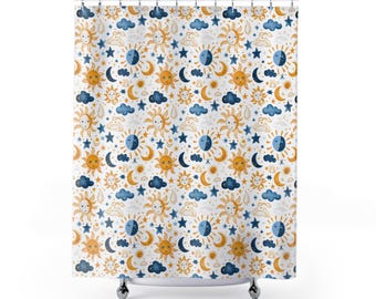 Sun Moon Pattern Shower Curtain | Celestial Stars Clouds Boho