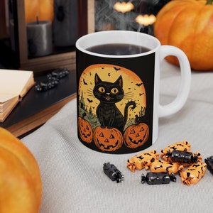 Spooky Black Cat in Moonlight Ceramic Mug - Halloween & Cat Lover's Delight