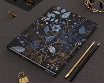 Midnight Floral Hardcover Journal | Matte Botanical Notebook, Blue & Gold Flowers
