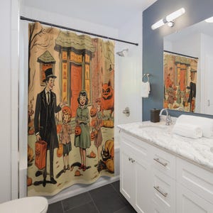Halloween Comic Book Shower Curtain, Trick or Treating Family Gargoyle Possessed, Home Bathroom Decor, Unique Halloween Gift, Spooky