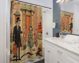 Halloween Comic Shower Curtain, Spooky Family Trick-or-Treat