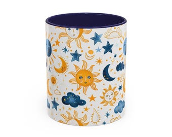 Sun and Moon Pattern Coffee Mug | Celestial Stars Accent Mug